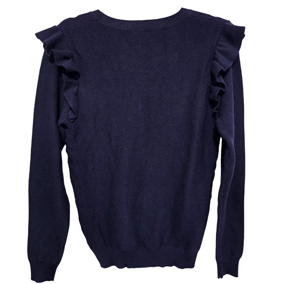 Lucy Paris Navy Blue Ribbed Knit Ruffle Shoulder Sweater Size S - Picture 4 of 6